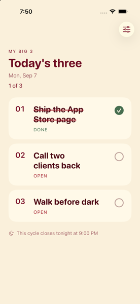 My Big 3 app screenshot